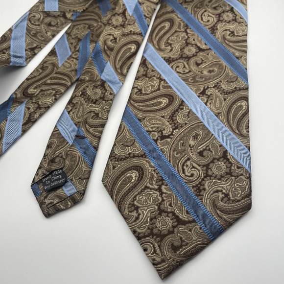 Pronto Uomo Other - Pronto Uomo Paisley Silk Mens Tie Brown Blue Diagonal Stripe Formal